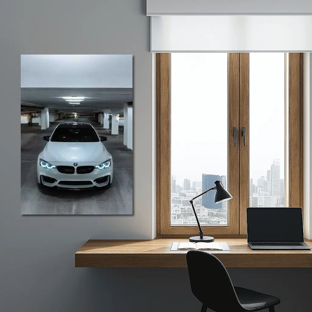 BMW M3 White Parking Garage Front View – Wall Art