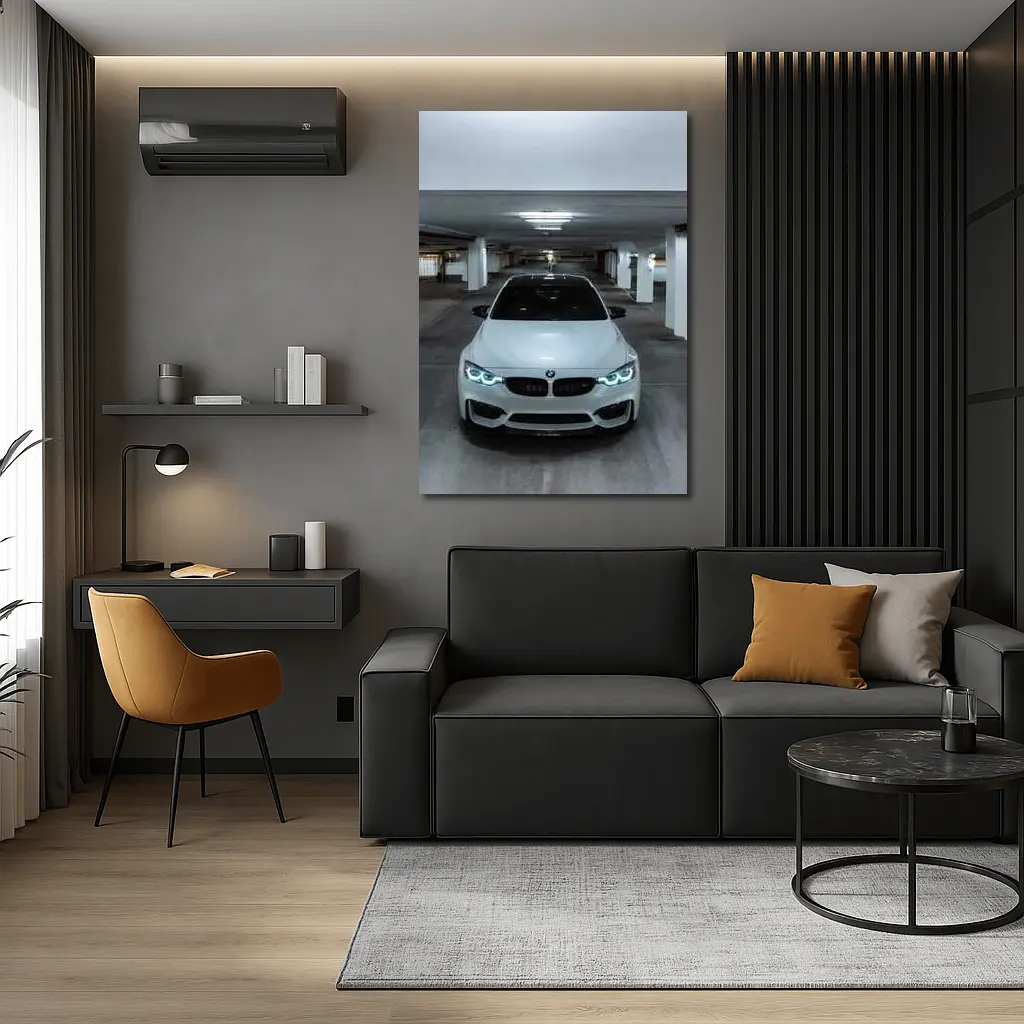 BMW M3 White Parking Garage Front View – Wall Art