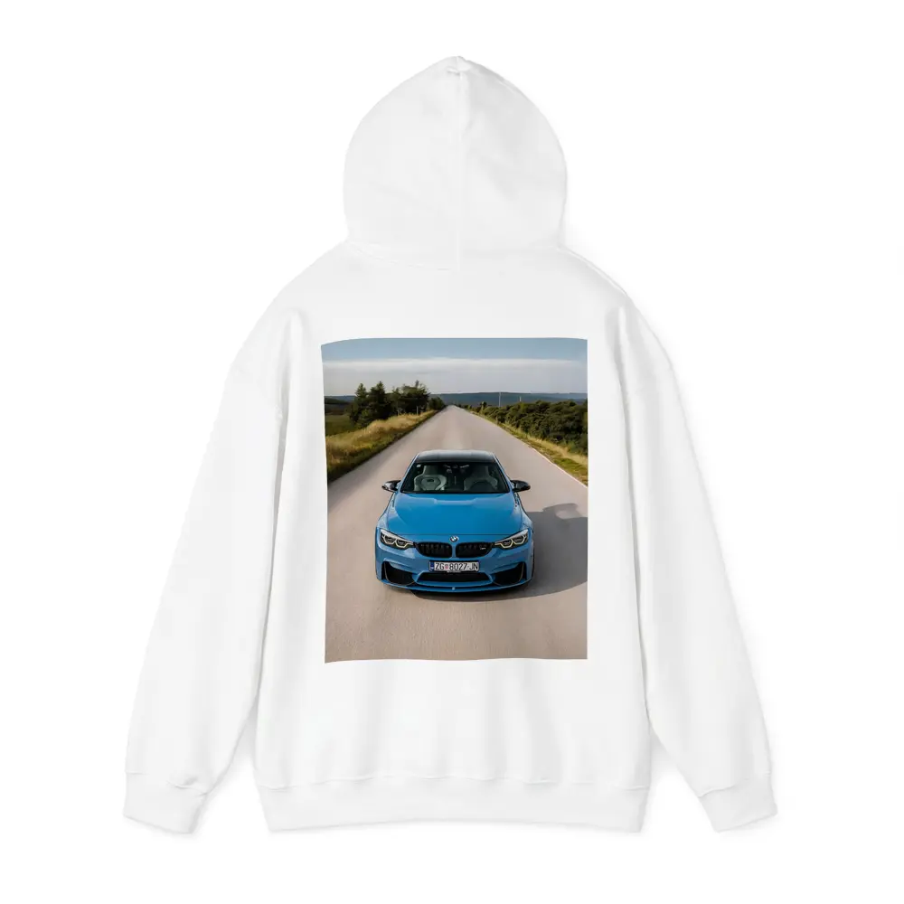 BMW M4 Blue Front View Open Road – Hoodies