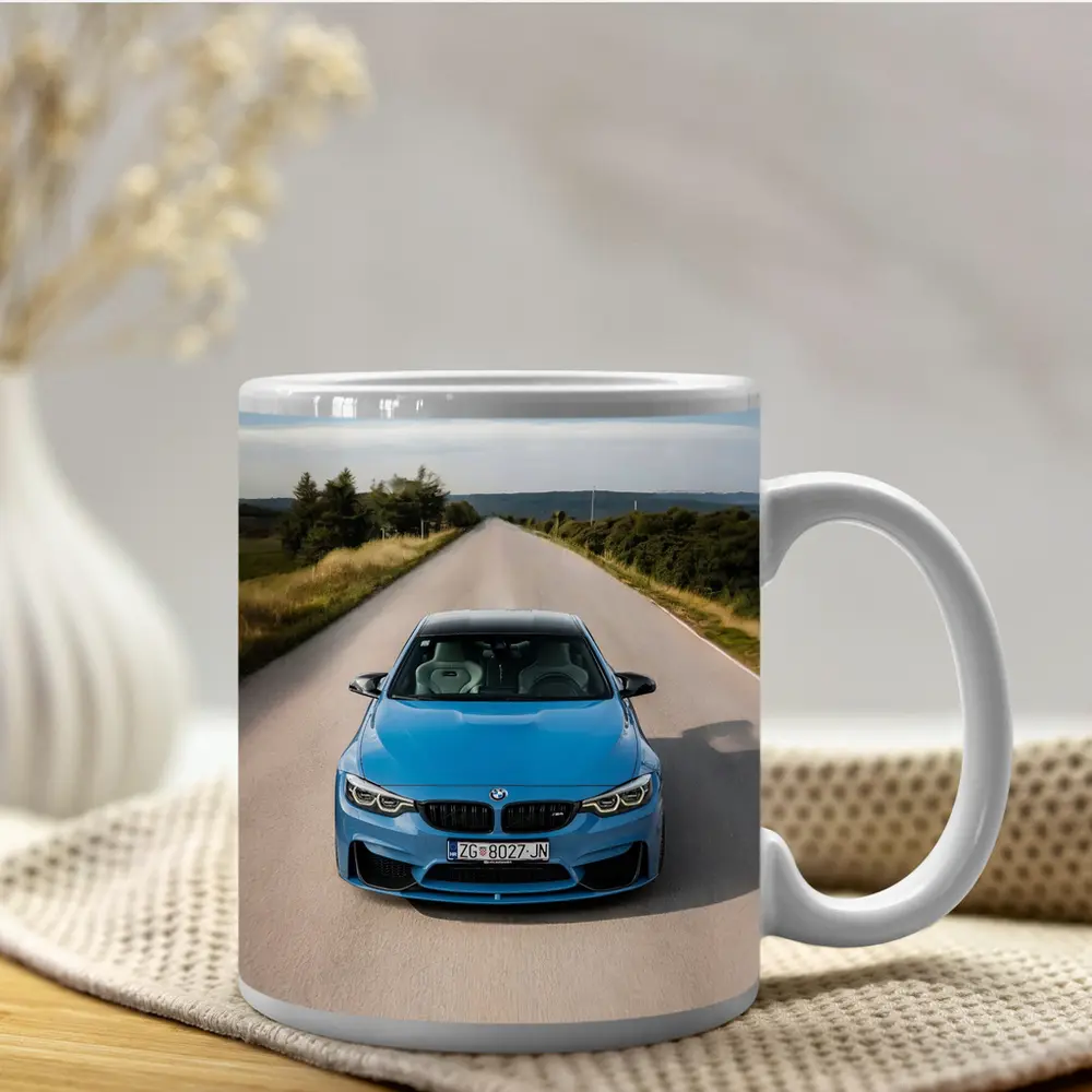 BMW M4 Blue Front View Open Road – Mugs