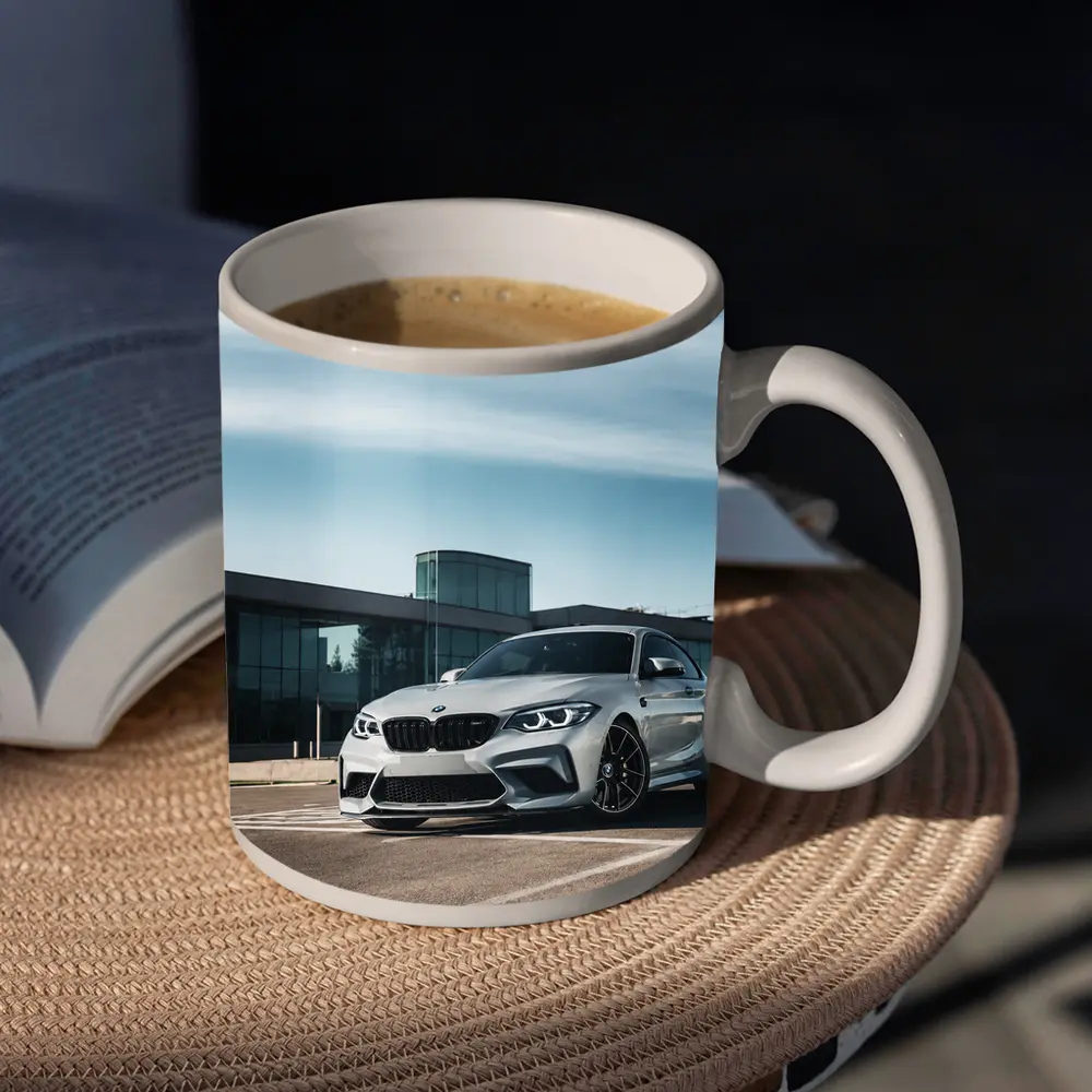 BMW M2 Silver Coupe Urban Building Background – Mugs