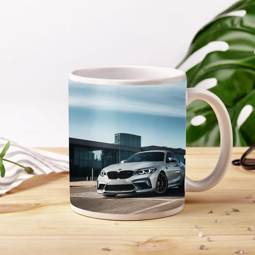 BMW M2 Silver Coupe Urban Building Background – Mugs