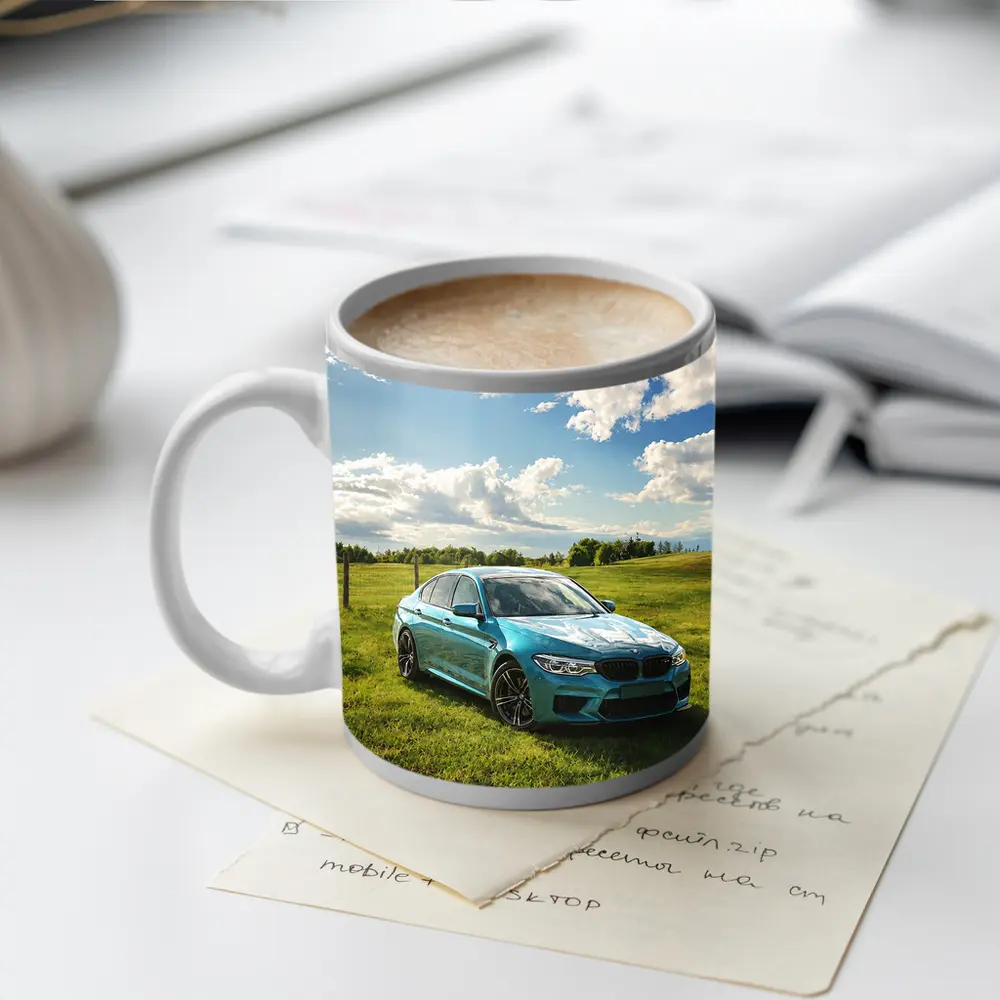 BMW M5 Sedan Parked On Green Field – Mugs