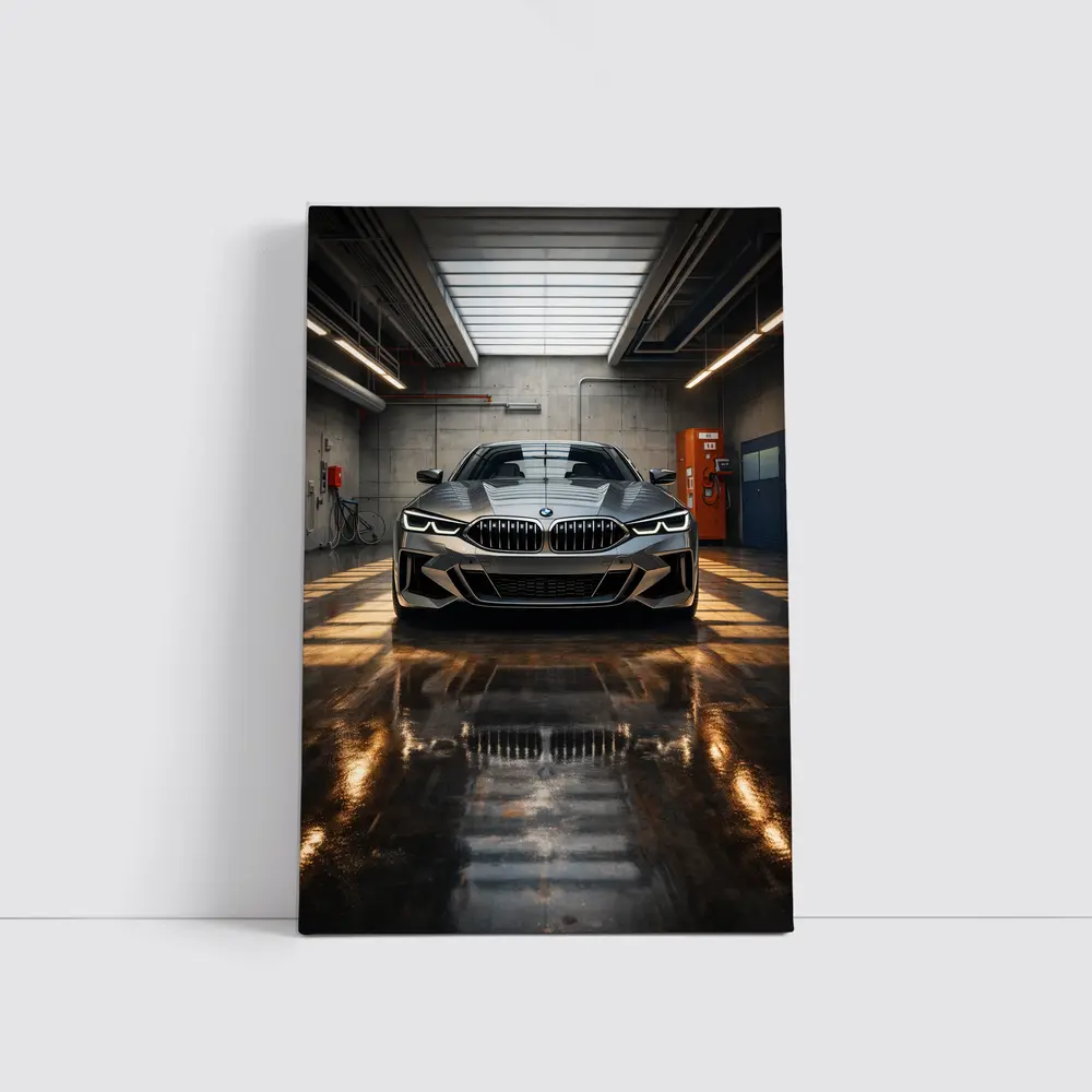 BMW Eight Series Parked Inside Industrial Garage – Wall Art