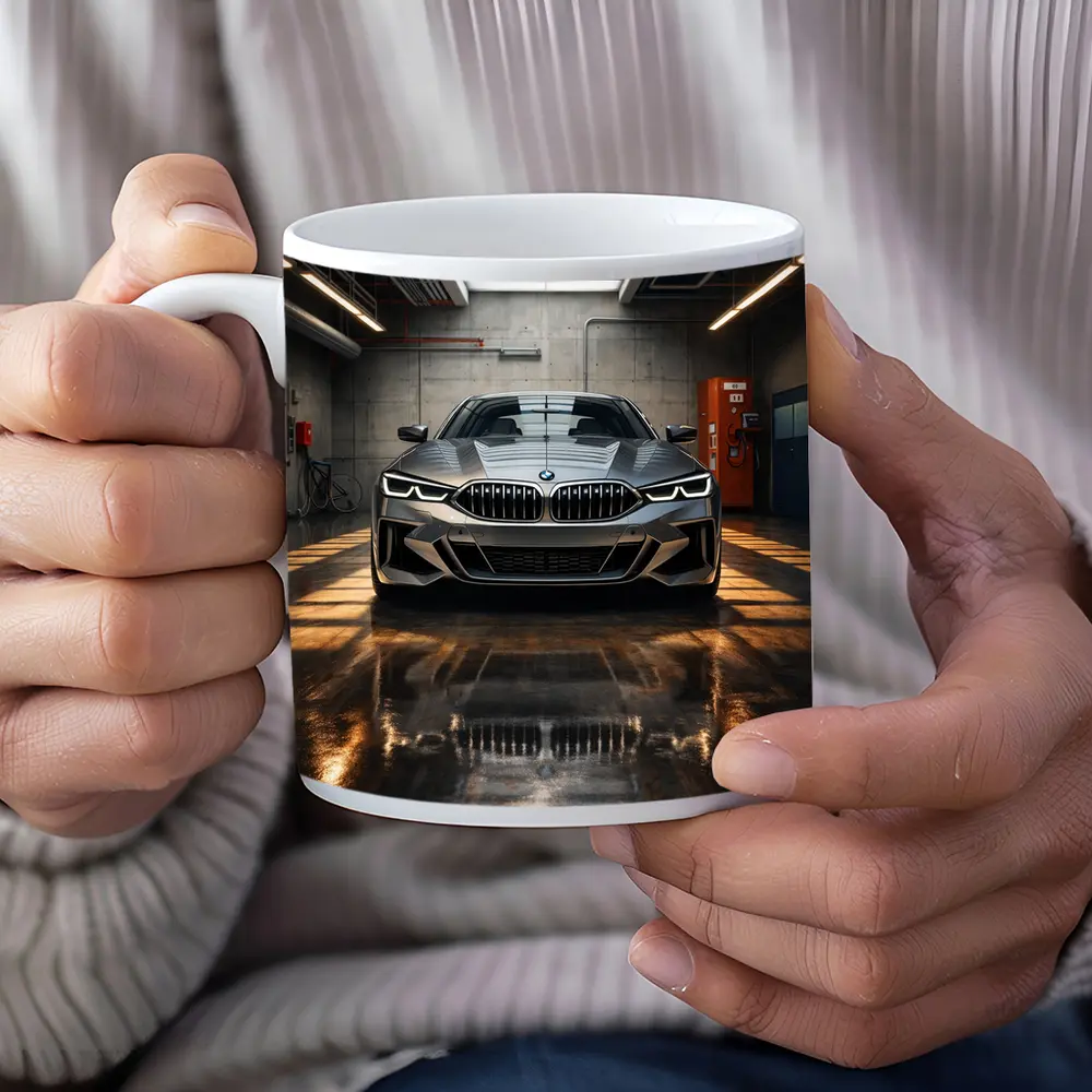 BMW Eight Series Parked Inside Industrial Garage – Mugs