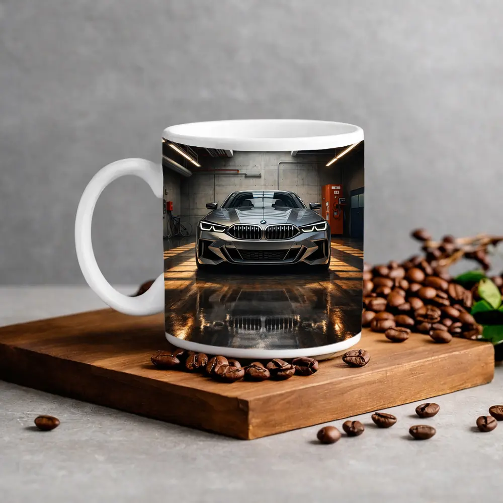 BMW Eight Series Parked Inside Industrial Garage – Mugs