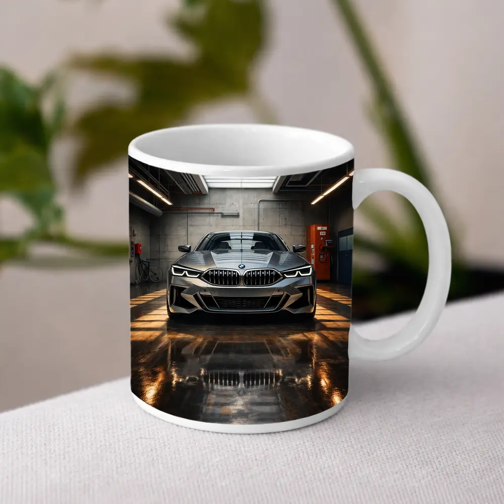 BMW Eight Series Parked Inside Industrial Garage – Mugs