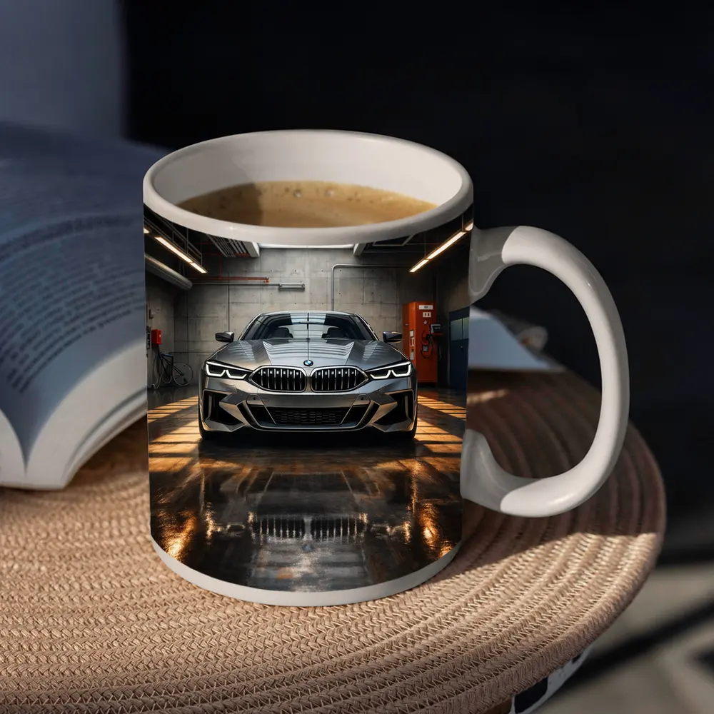 BMW Eight Series Parked Inside Industrial Garage – Mugs