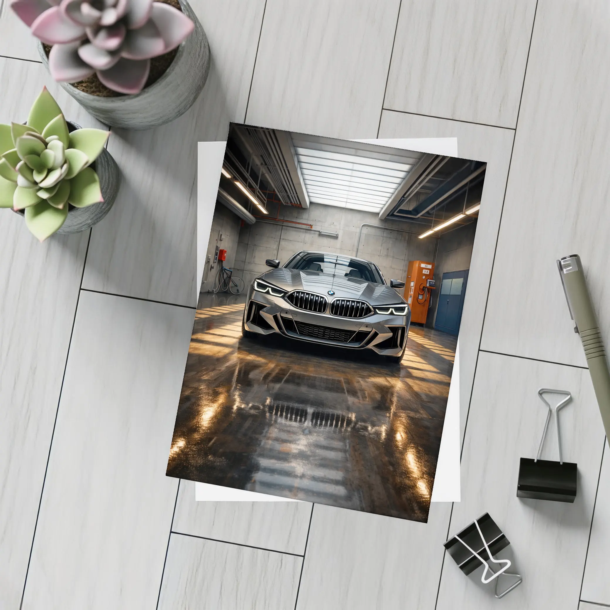 BMW Eight Series Parked Inside Industrial Garage – Postcards