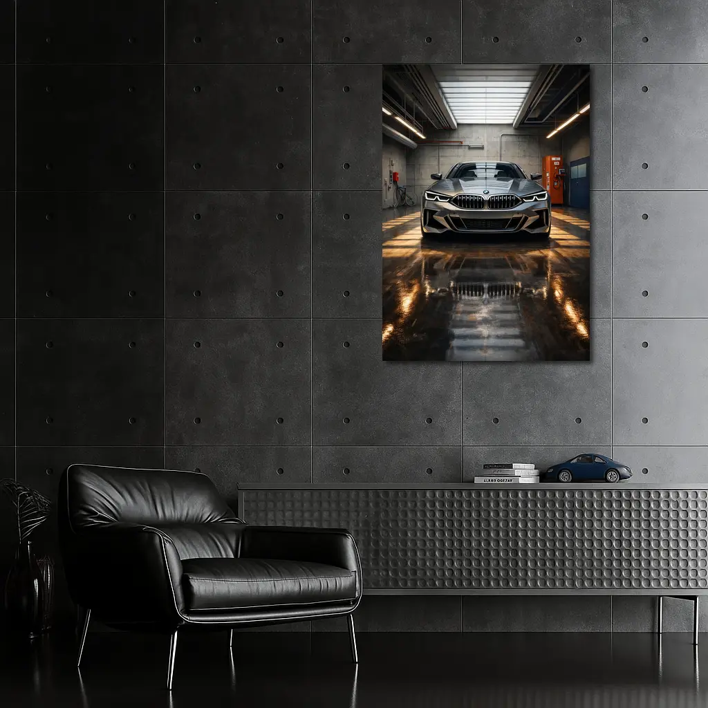 BMW Eight Series Parked Inside Industrial Garage – Wall Art