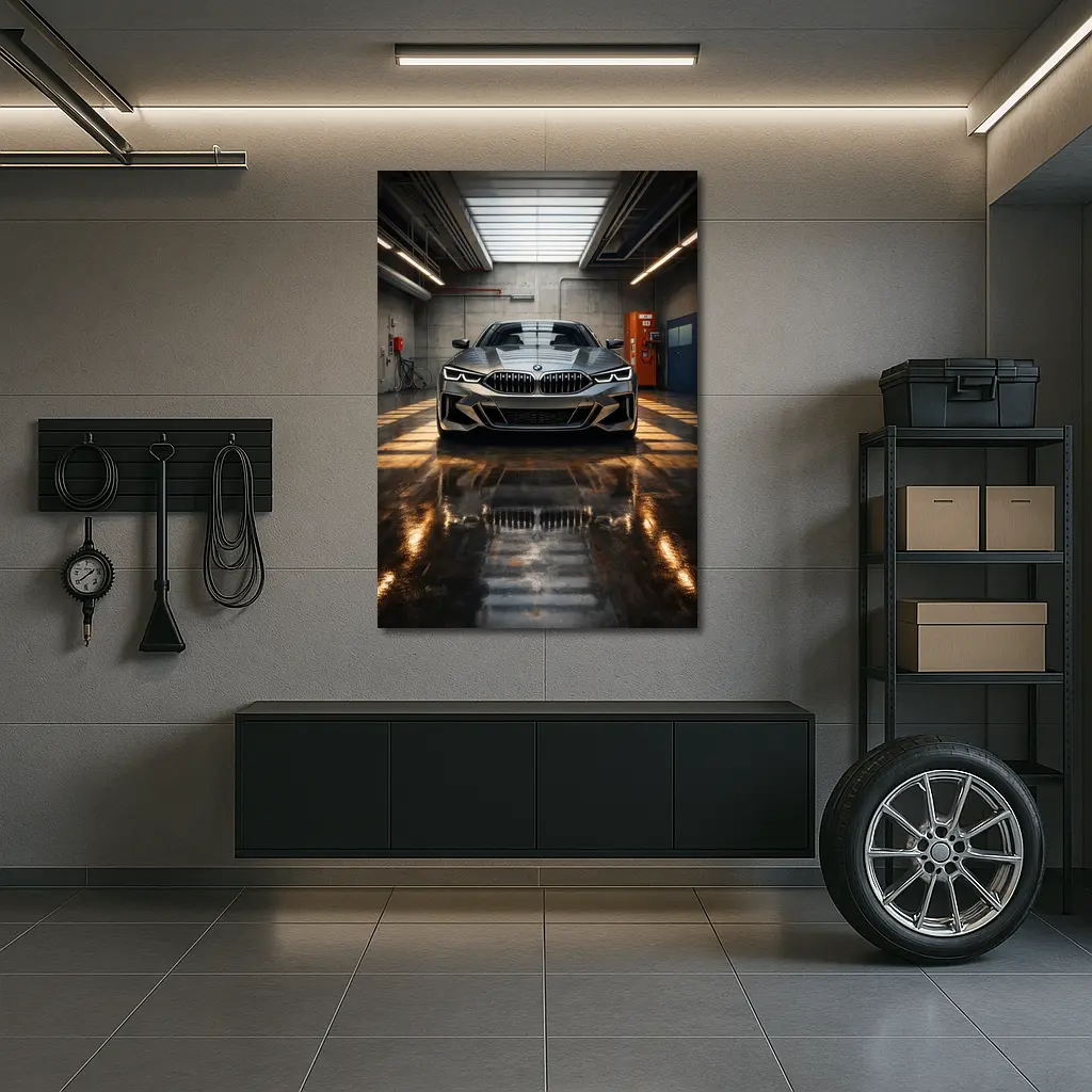 BMW Eight Series Parked Inside Industrial Garage – Wall Art