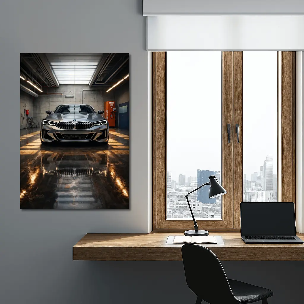 BMW Eight Series Parked Inside Industrial Garage – Wall Art