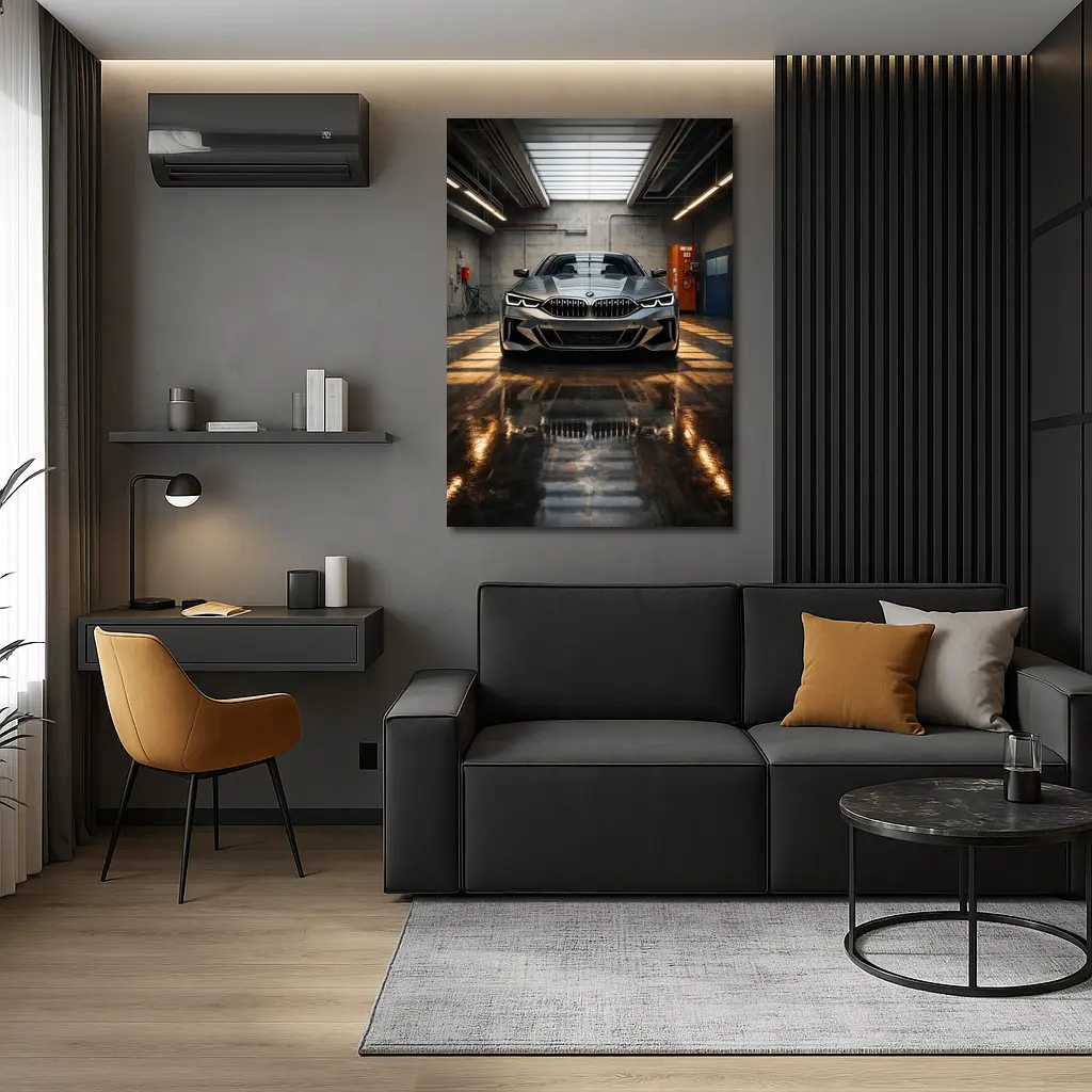 BMW Eight Series Parked Inside Industrial Garage – Wall Art
