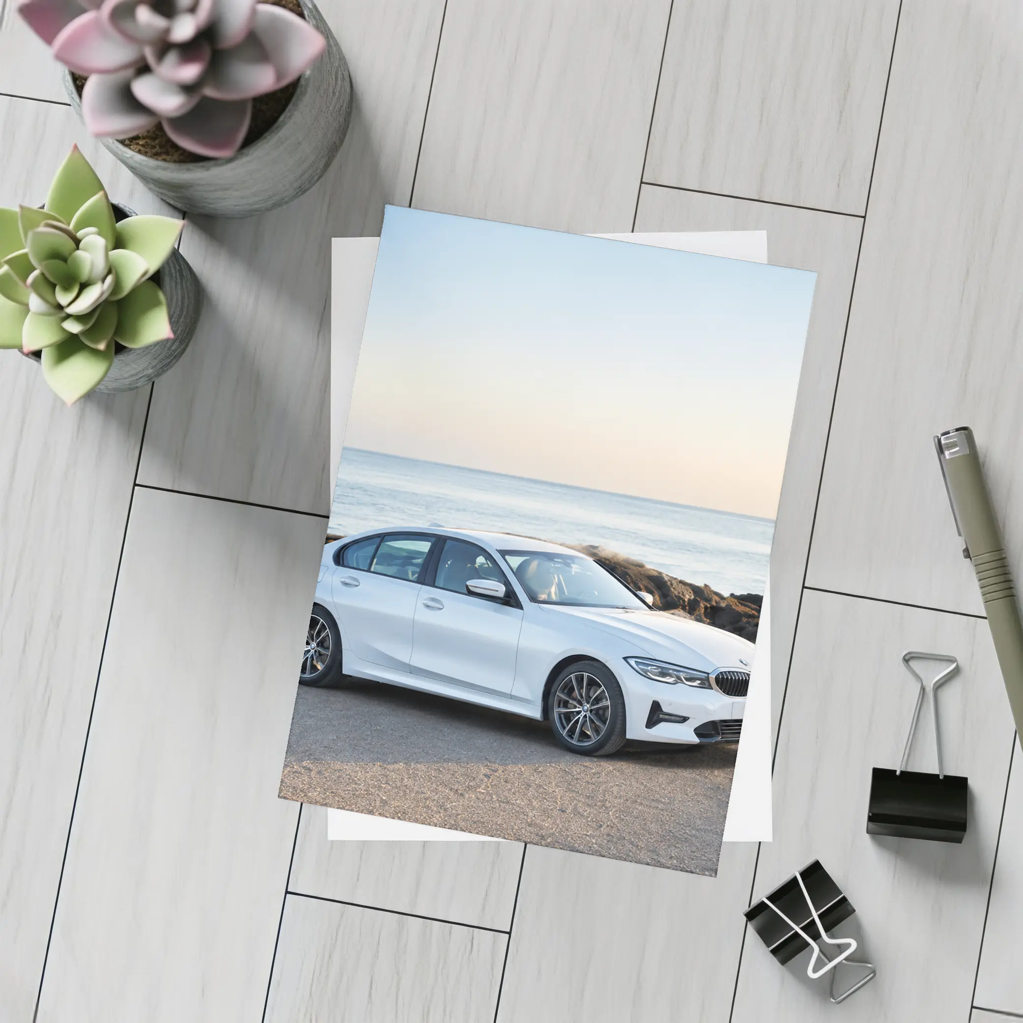 BMW 3 Series White Sedan Ocean Coast – Postcards