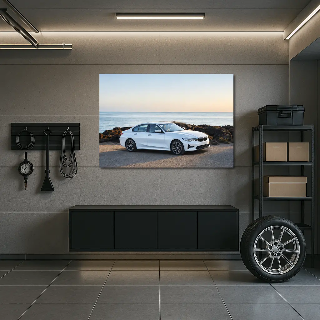 BMW 3 Series White Sedan Ocean Coast – Wall Art