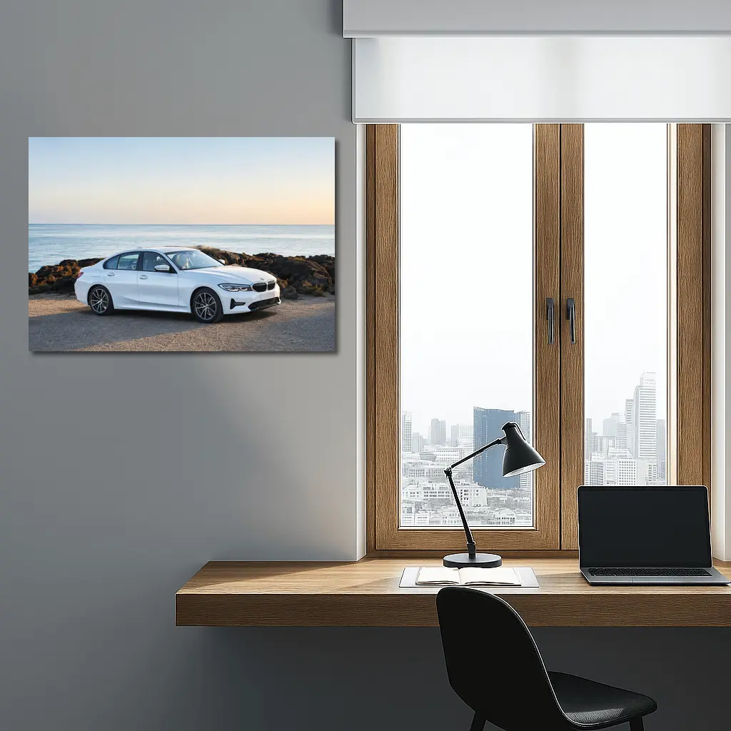 BMW 3 Series White Sedan Ocean Coast – Wall Art