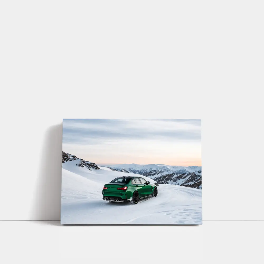 BMW M3 Green Sedan Snowy Mountain Scene – Wall Art