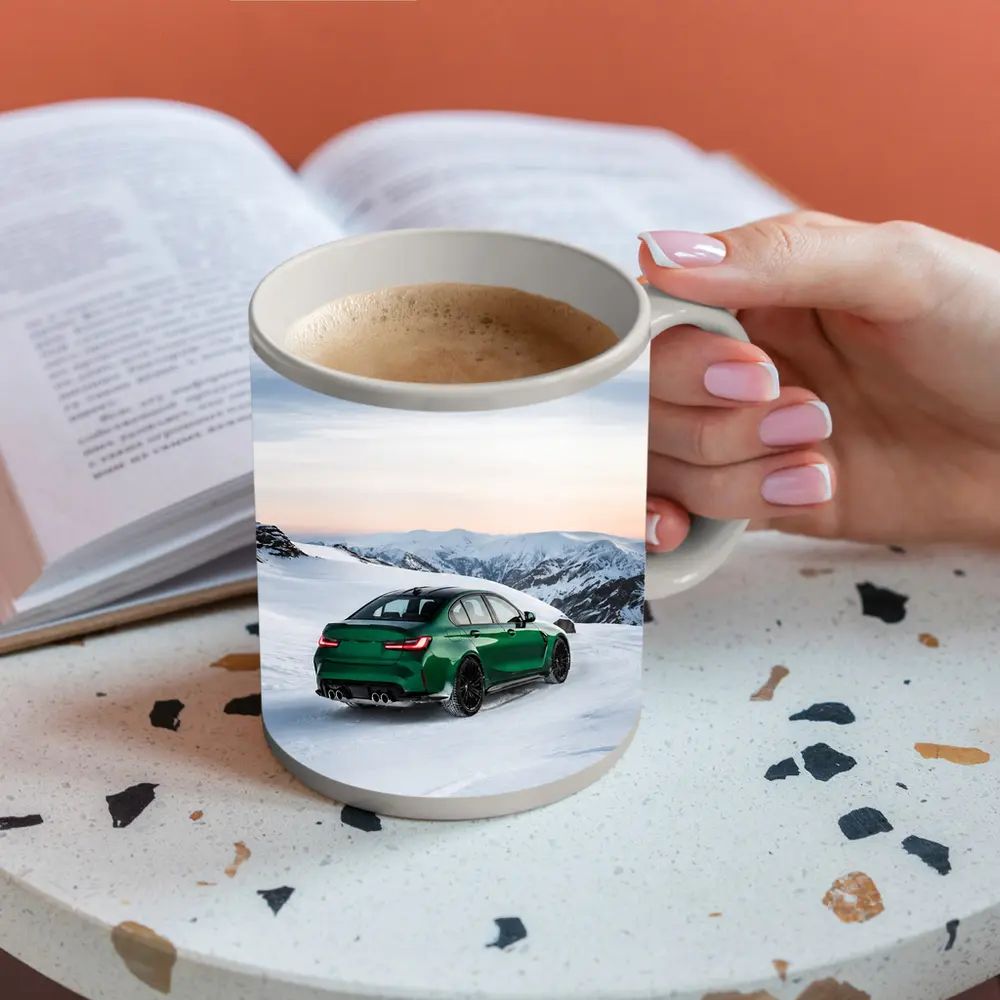 BMW M3 Green Sedan Snowy Mountain Scene – Mugs