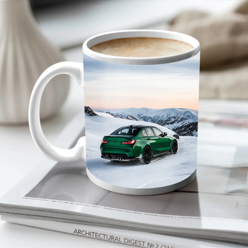 BMW M3 Green Sedan Snowy Mountain Scene – Mugs