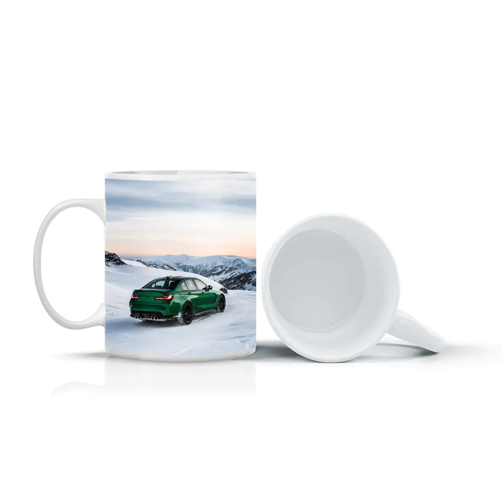 BMW M3 Green Sedan Snowy Mountain Scene – Mugs