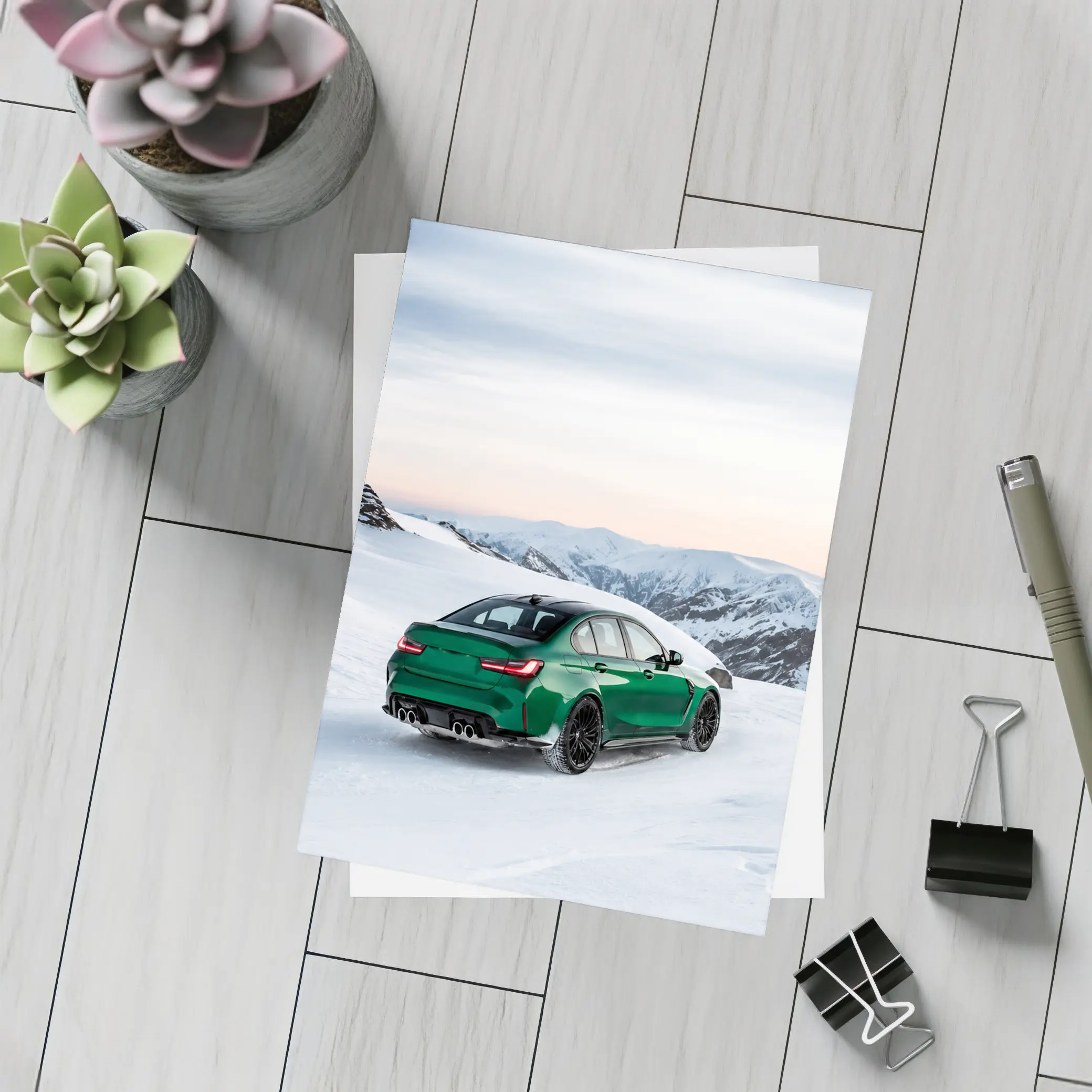 BMW M3 Green Sedan Snowy Mountain Scene – Postcards