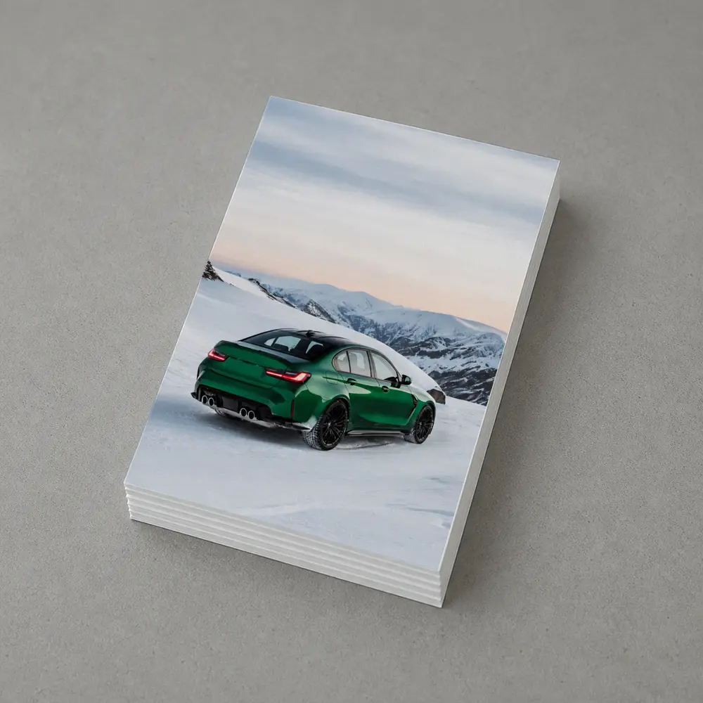 BMW M3 Green Sedan Snowy Mountain Scene – Postcards