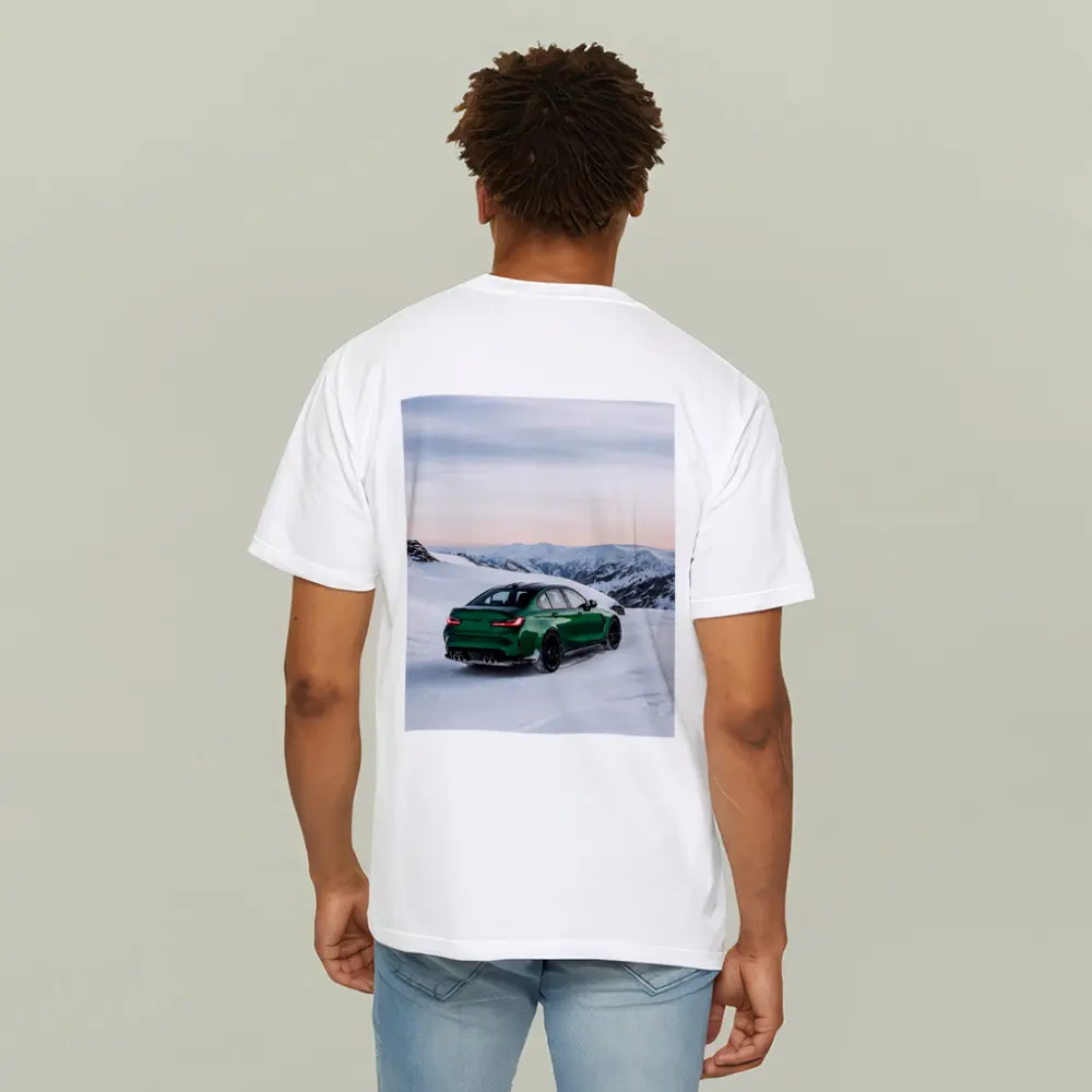 BMW M3 Green Sedan Snowy Mountain Scene – T-Shirts