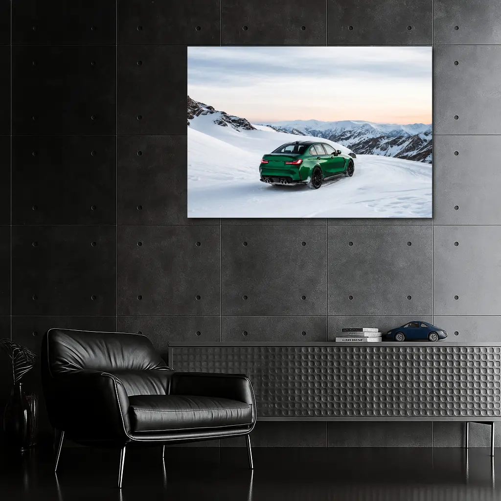 BMW M3 Green Sedan Snowy Mountain Scene – Wall Art