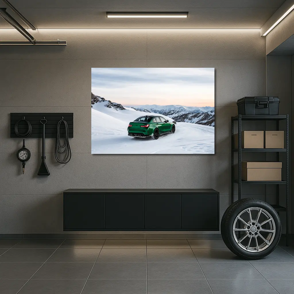 BMW M3 Green Sedan Snowy Mountain Scene – Wall Art