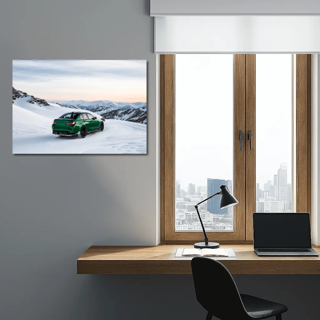 BMW M3 Green Sedan Snowy Mountain Scene – Wall Art