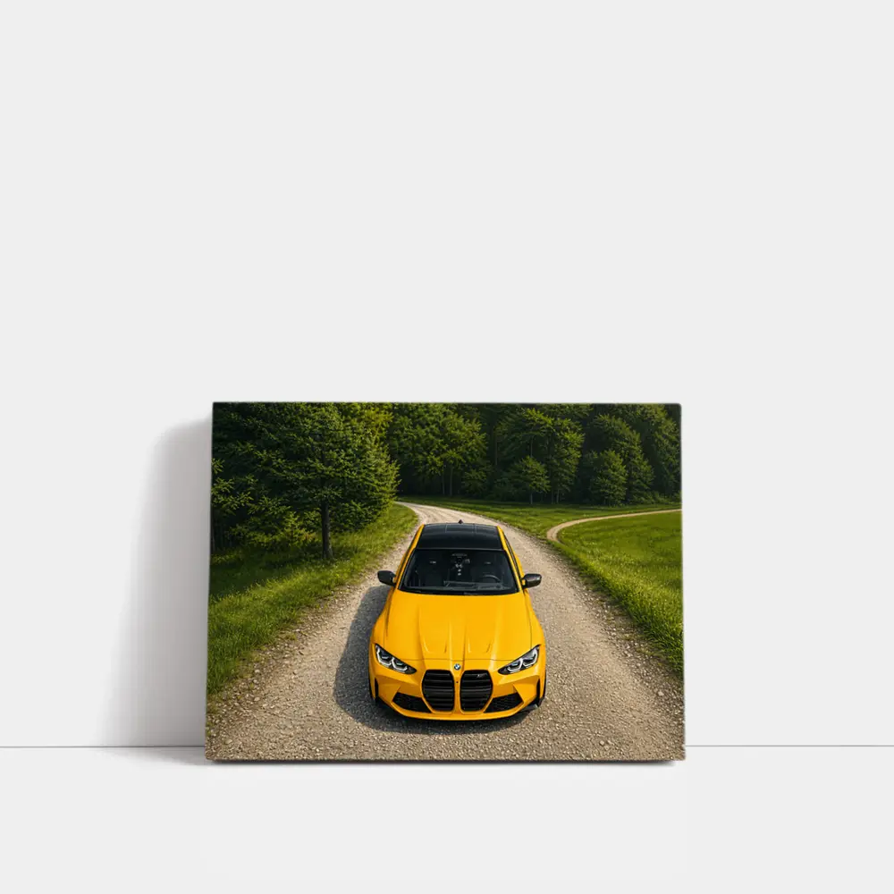 BMW M3 Yellow on Forest Gravel Road – Wall Art
