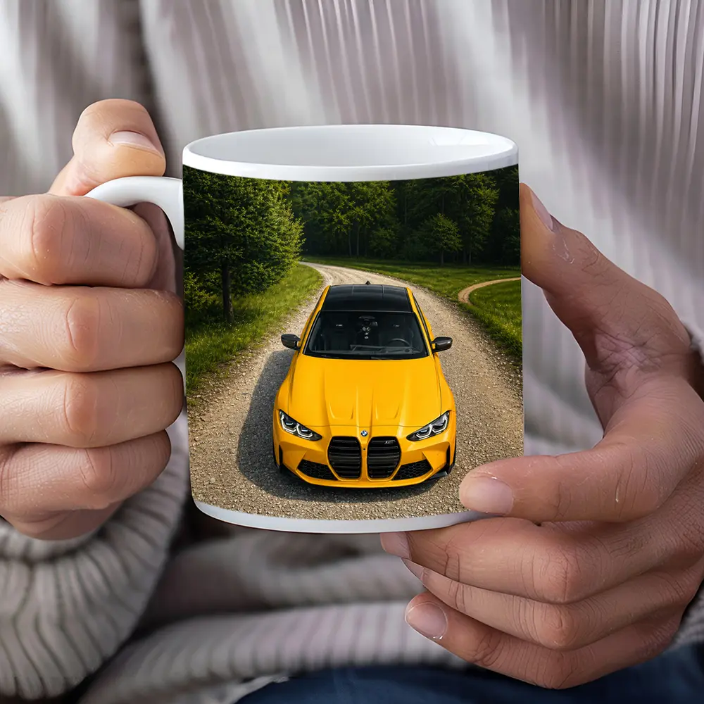 BMW M3 Yellow on Forest Gravel Road – Mugs