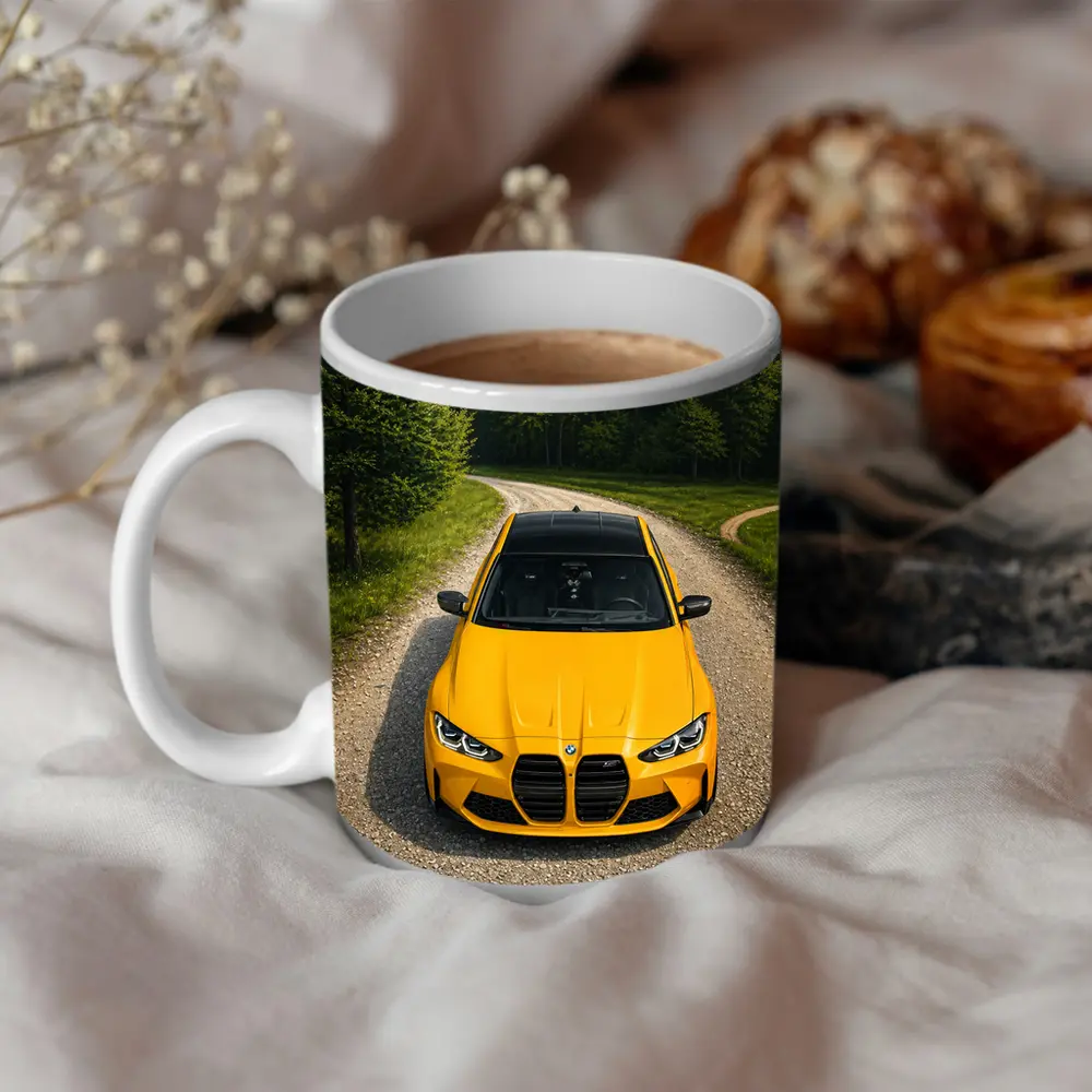 BMW M3 Yellow on Forest Gravel Road – Mugs