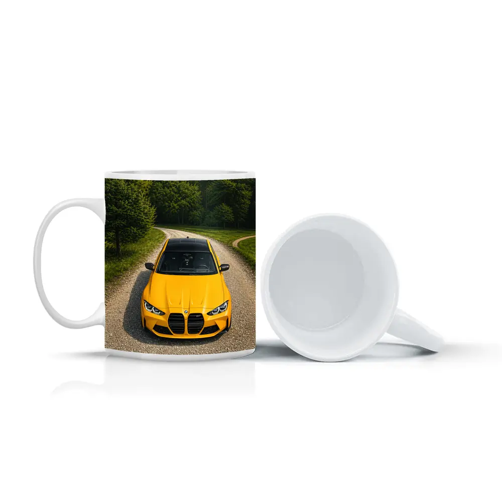 BMW M3 Yellow on Forest Gravel Road – Mugs