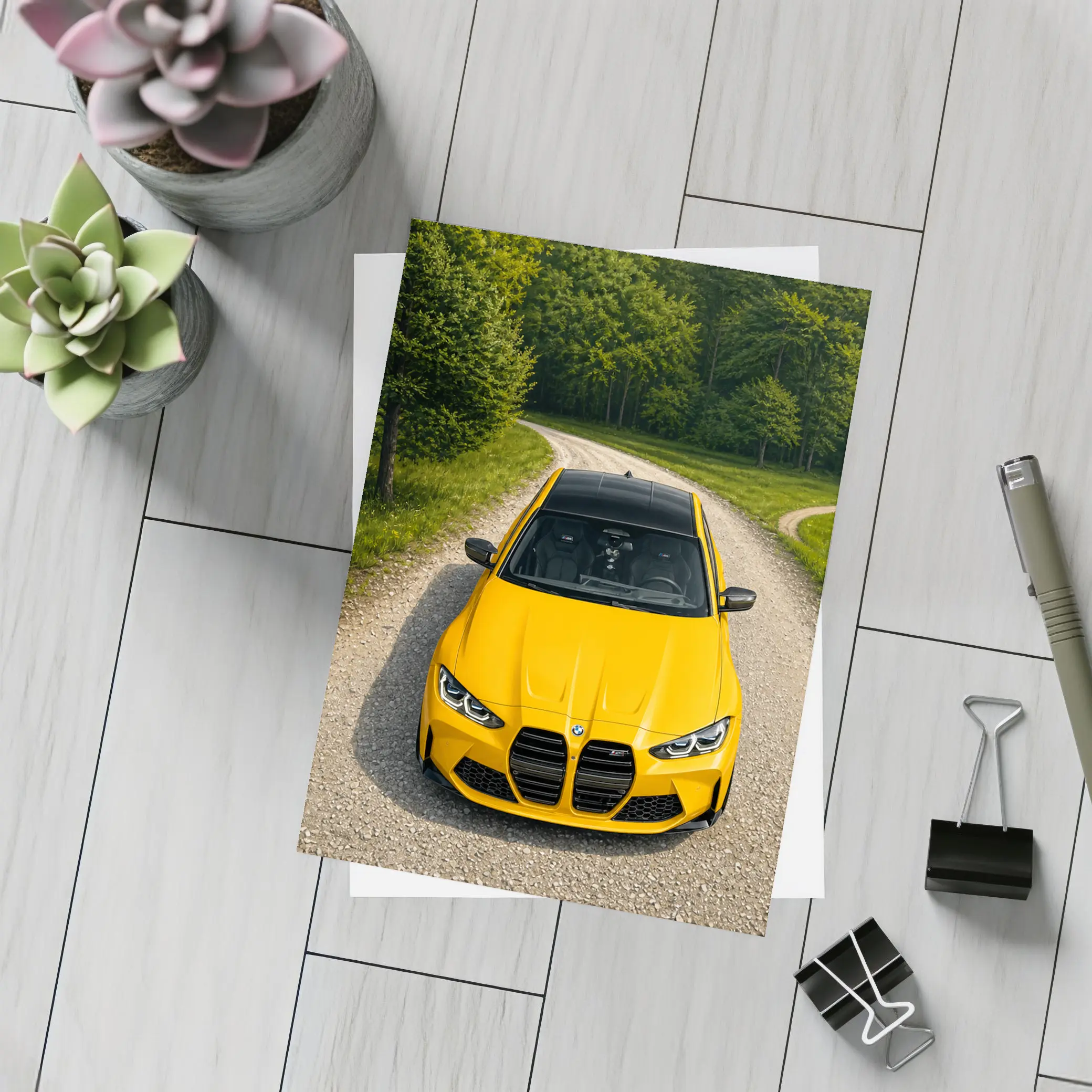 BMW M3 Yellow on Forest Gravel Road – Postcards