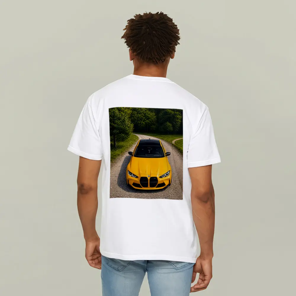 BMW M3 Yellow on Forest Gravel Road – T-Shirts