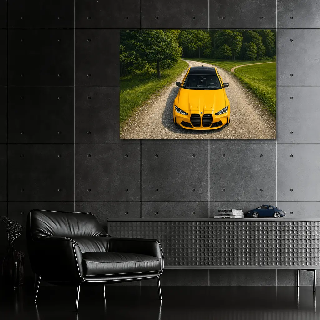 BMW M3 Yellow on Forest Gravel Road – Wall Art