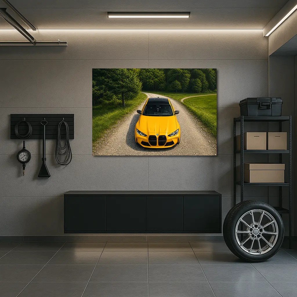 BMW M3 Yellow on Forest Gravel Road – Wall Art