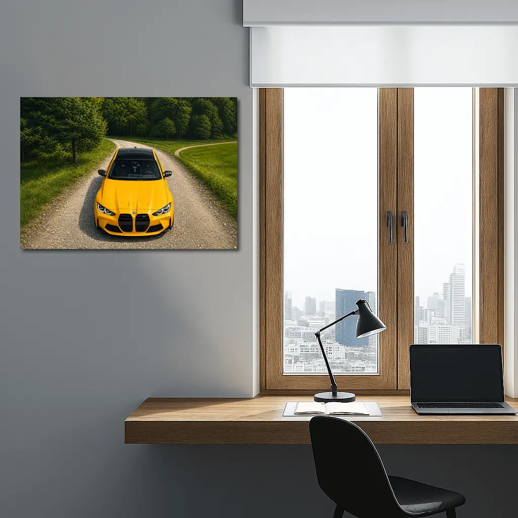 BMW M3 Yellow on Forest Gravel Road – Wall Art