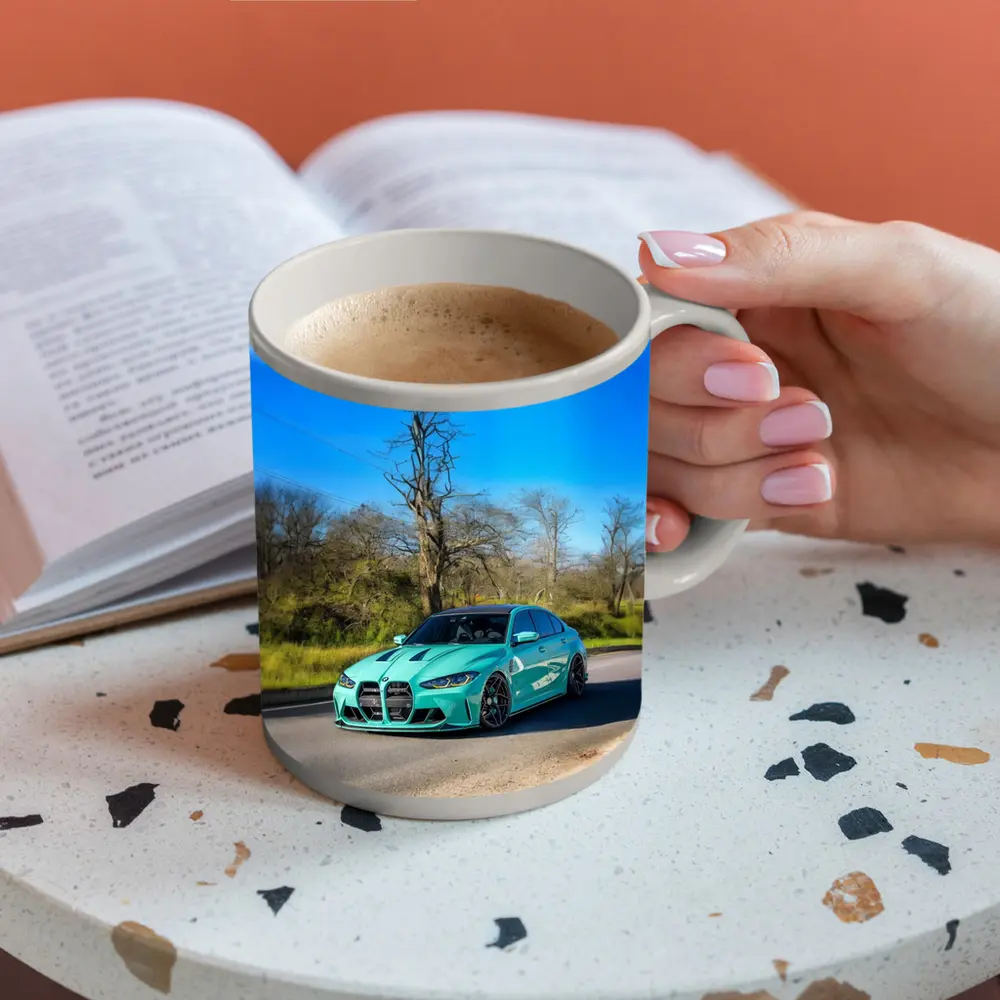 BMW M3 Teal Wrap On Open Road – Mugs