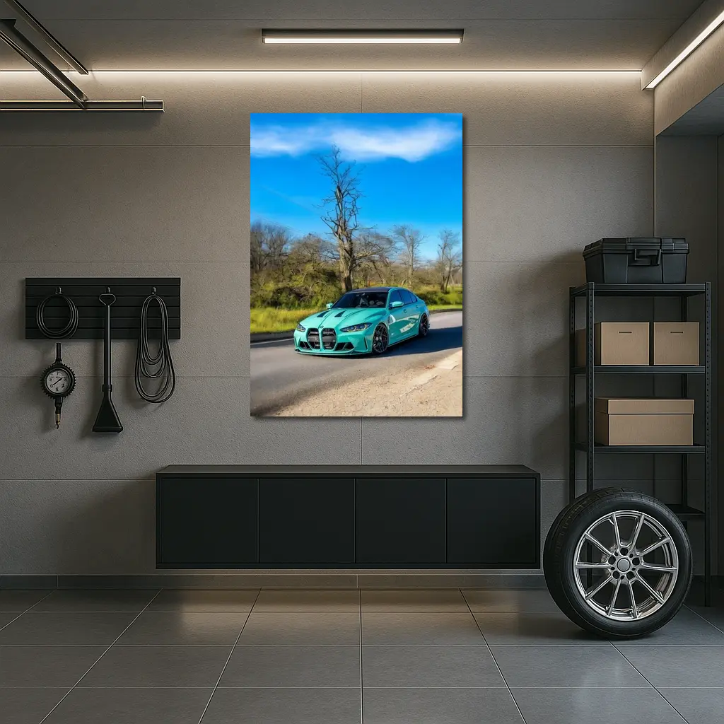 BMW M3 Teal Wrap On Open Road – Wall Art