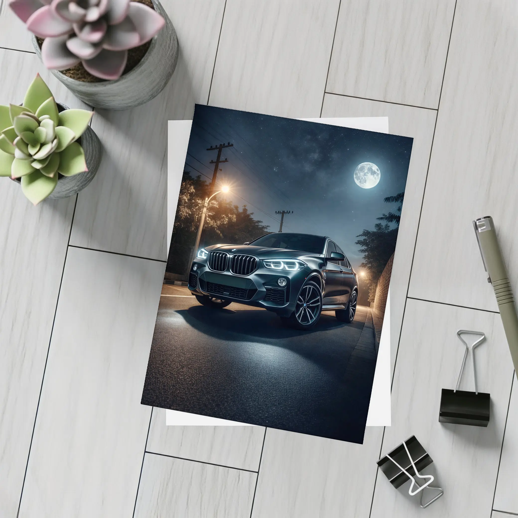 BMW X4 Parked Under Moonlit Night Sky – Postcards