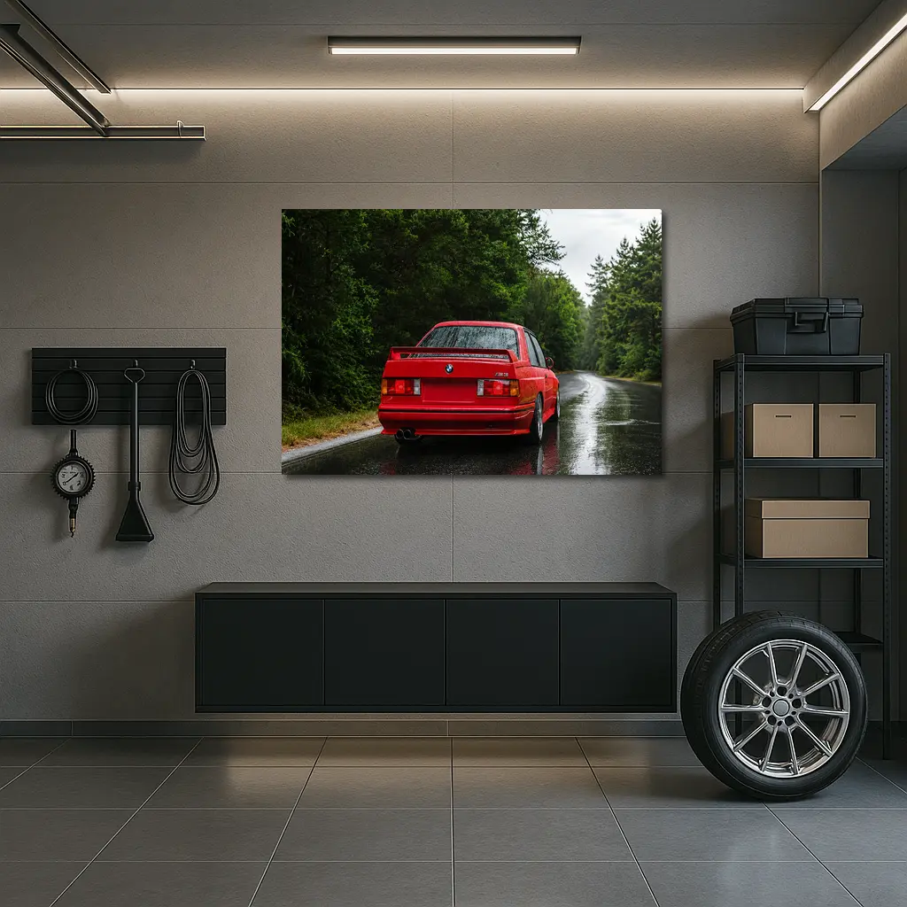 BMW M3 Red Wet Road Forest – Wall Art