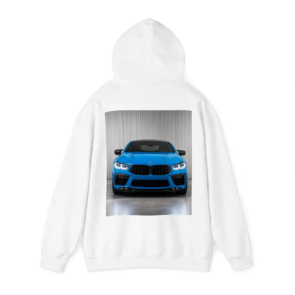 BMW M8 Blue Front View Studio – Hoodies