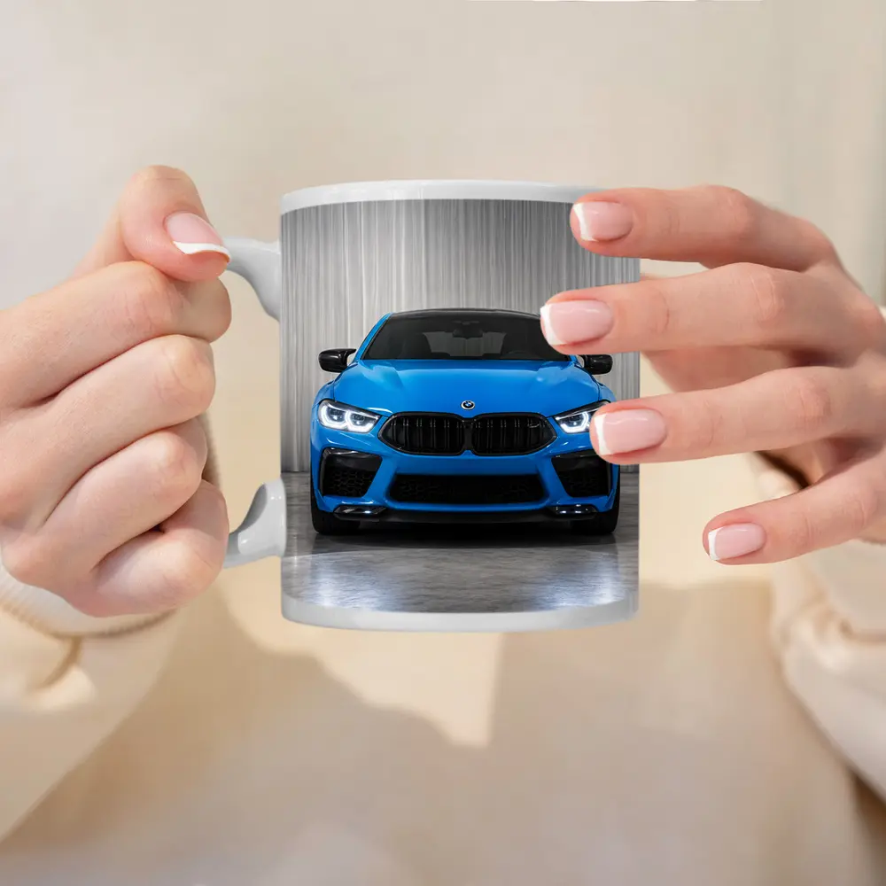 BMW M8 Blue Front View Studio – Mugs