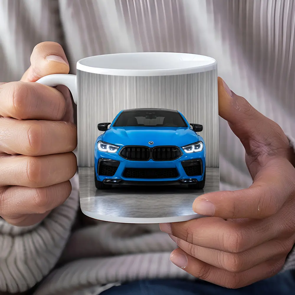 BMW M8 Blue Front View Studio – Mugs