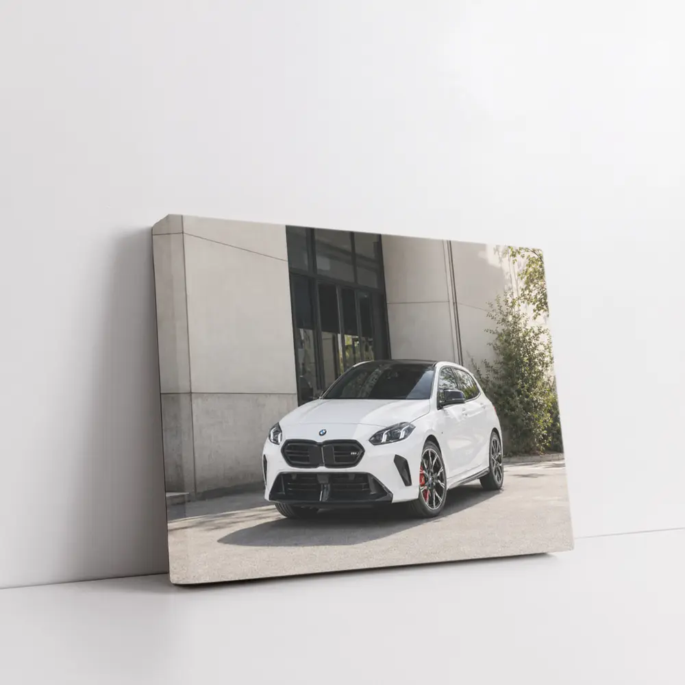 BMW M135 White Hatchback Urban Setting – Wall Art