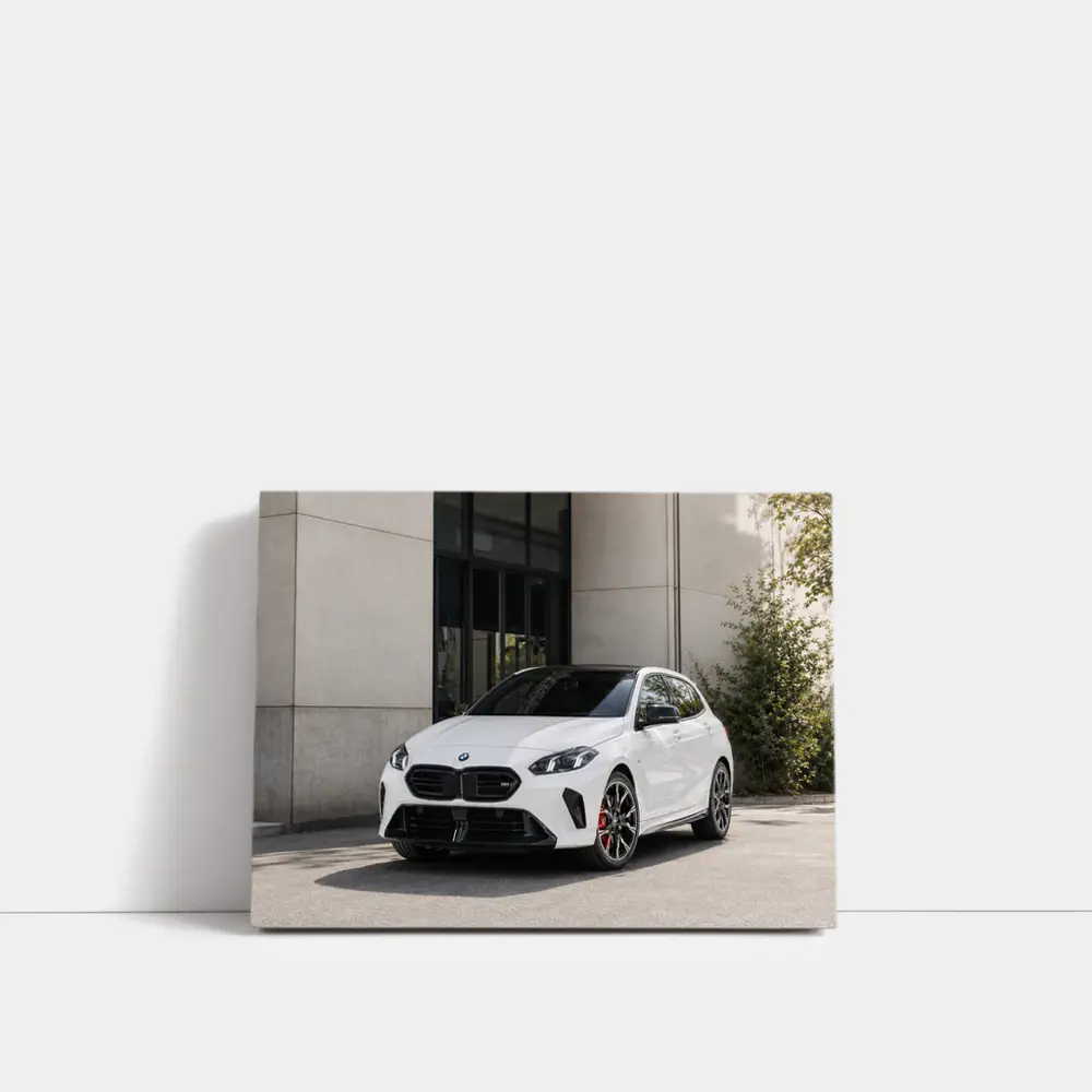 BMW M135 White Hatchback Urban Setting – Wall Art