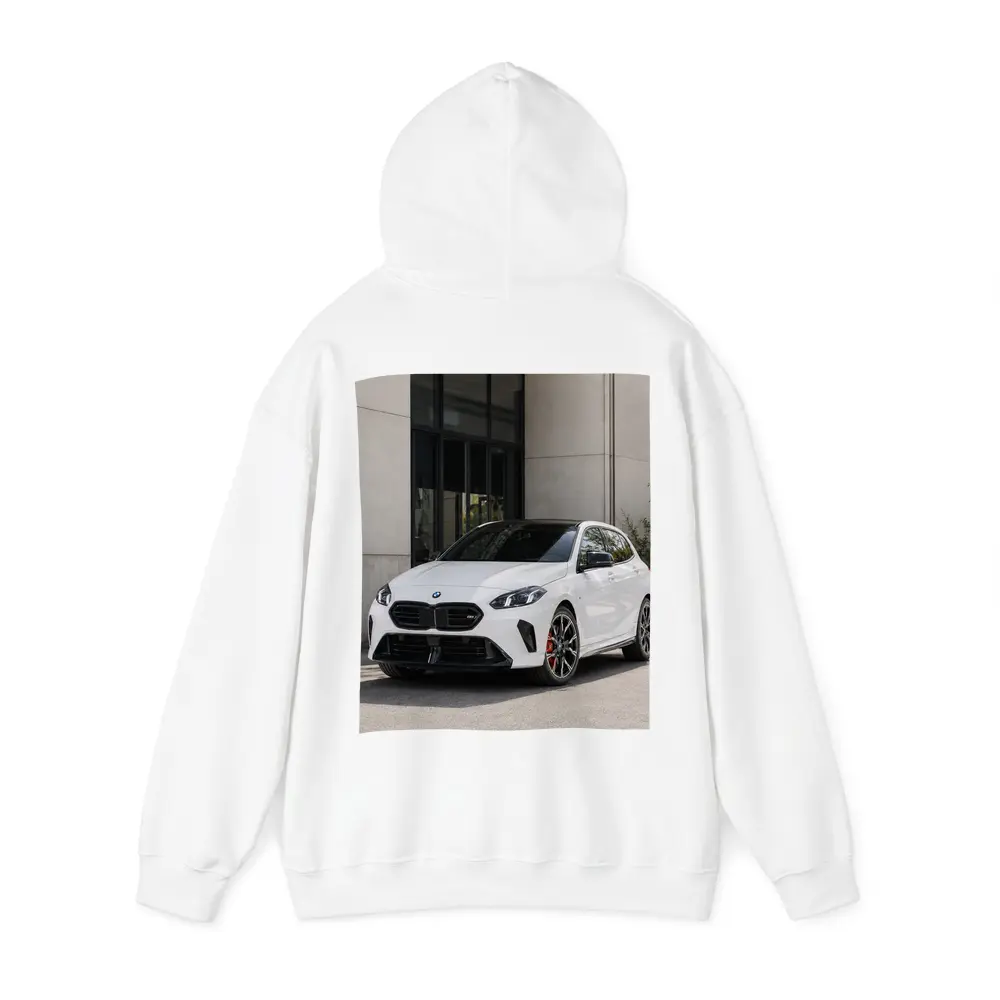 BMW M135 White Hatchback Urban Setting – Hoodies