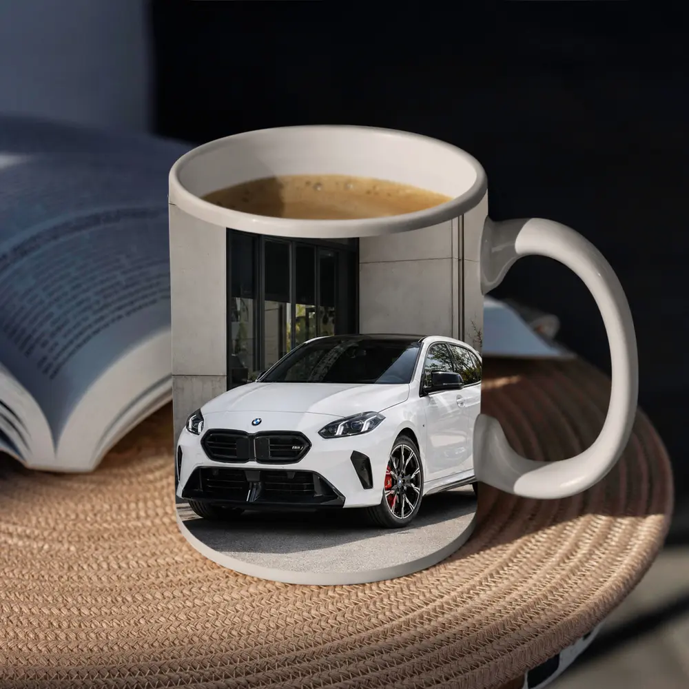 BMW M135 White Hatchback Urban Setting – Mugs